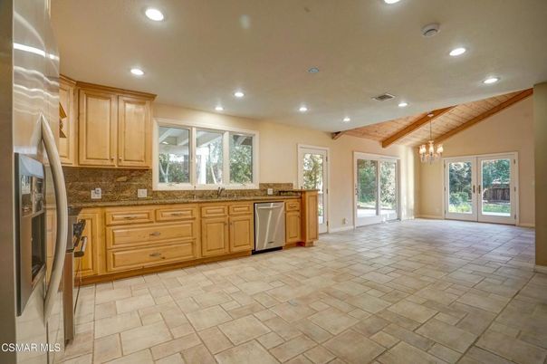 Chandelier, Interior, Kitchen, Recessed Lighting, Stainless Steel Appliances, Wooden Beams, Wooden Ceilings