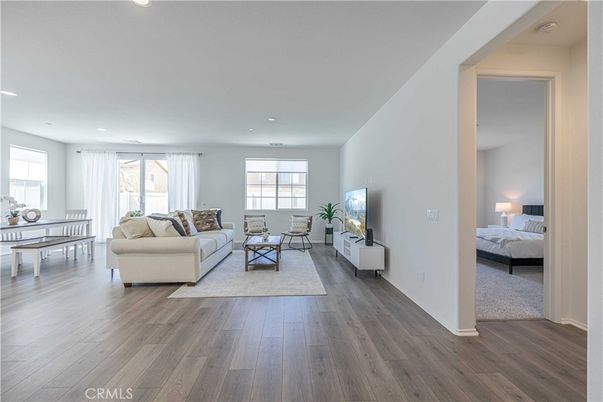 Bedroom, Dining room, Interior, Living room, Recessed Lighting, Wood Texture Flooring