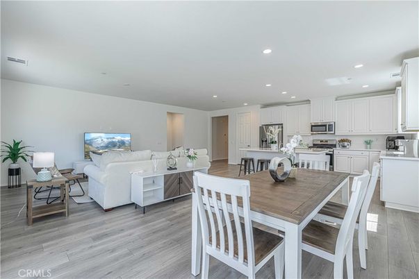 Dining room, Interior, Kitchen, Living room, Recessed Lighting, Wood Texture Flooring