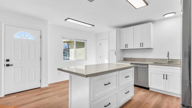 Interior, Kitchen, Recessed Lighting, Wood Texture Flooring