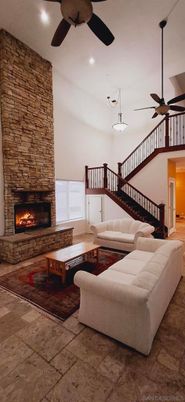 Fireplace, Interior, Living room, Pendant Lights, Recessed Lighting, Stone Walls