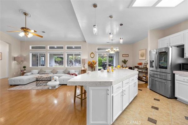 Dining room, Interior, Kitchen, Living room, Pendant Lights, Stainless Steel Appliances, Wood Texture Flooring