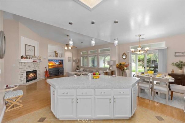 Dining room, Fireplace, Interior, Kitchen, Living room, Pendant Lights, Wood Texture Flooring