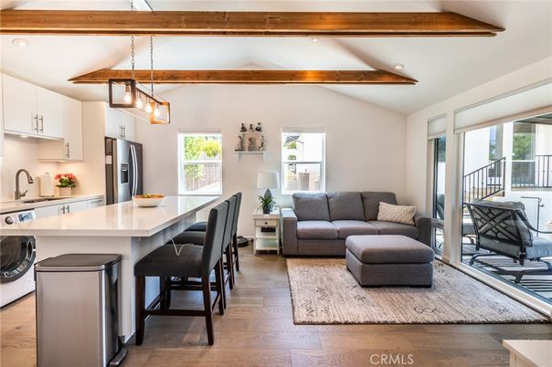 Interior, Kitchen, Living room, Pendant Lights, Recessed Lighting, Stainless Steel Appliances, Wooden Beams, Wood Texture Flooring