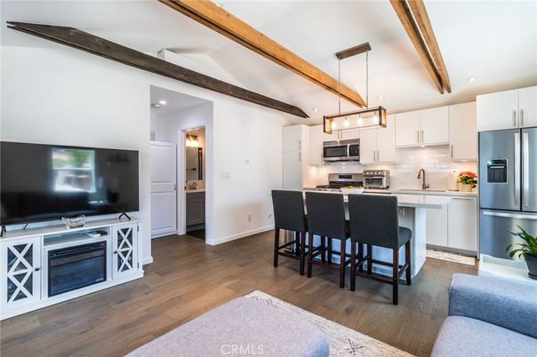 Interior, Kitchen, Pendant Lights, Recessed Lighting, Stainless Steel Appliances, Wooden Beams, Wood Texture Flooring