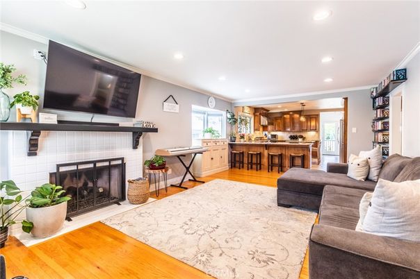 Fireplace, Interior, Kitchen, Living room, Pendant Lights, Recessed Lighting, Wood Texture Flooring
