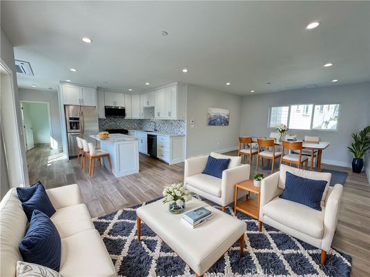 Dining room, Interior, Kitchen, Living room, Recessed Lighting, Stainless Steel Appliances, Wood Texture Flooring