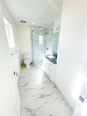 Bathroom, Glass Shower, Interior, Marble, Marble Walls, Recessed Lighting