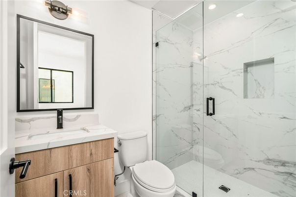 Bathroom, Glass Shower, Interior, Marble Walls, Recessed Lighting