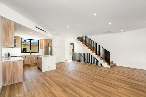 Interior, Kitchen, Pendant Lights, Recessed Lighting, Stainless Steel Appliances, Wood Texture Flooring