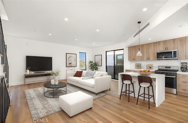 Interior, Kitchen, Living room, Pendant Lights, Recessed Lighting, Stainless Steel Appliances, Wood Texture Flooring