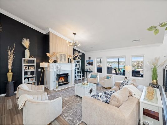 Fireplace, Interior, Living room, Pendant Lights, Wood Texture Flooring
