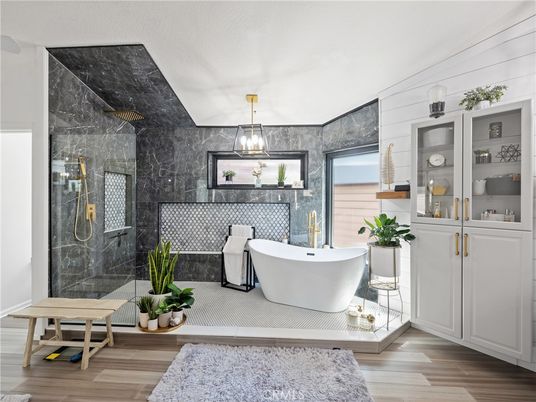 Bathroom, Free Standing Baths, Glass Shower, Interior, Marble Walls, Pendant Lights, Wood Texture Flooring