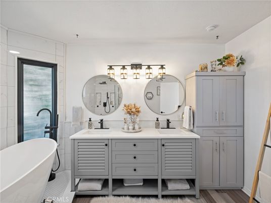 Bathroom, Dual Sink Vanities, Free Standing Baths, Interior, Wood Texture Flooring