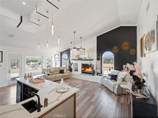 Fireplace, Interior, Living room, Pendant Lights, Recessed Lighting, Wood Texture Flooring