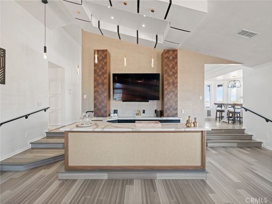 Dining room, Interior, Pendant Lights, Recessed Lighting, Wood Texture Flooring