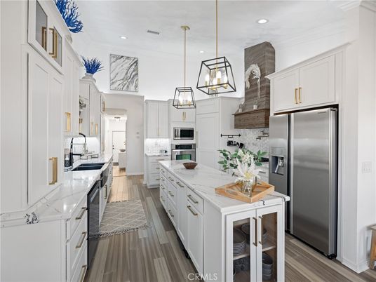 Interior, Kitchen, Pendant Lights, Recessed Lighting, Stainless Steel Appliances, Wood Texture Flooring