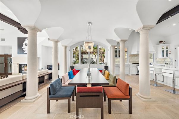 Dining room, Fireplace, Interior, Living room, Pendant Lights, Recessed Lighting, Wood Texture Flooring
