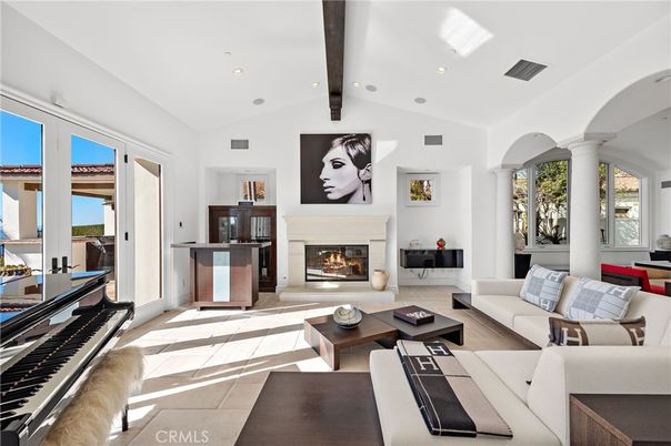 Fireplace, Interior, Living room, Piano, Recessed Lighting, Wooden Beams