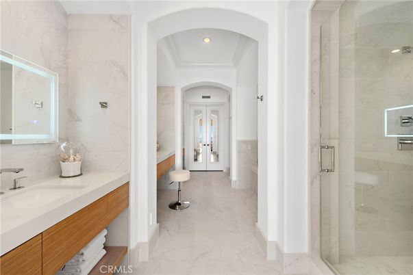 Bathroom, Glass Shower, Interior, Marble, Marble Walls, Recessed Lighting