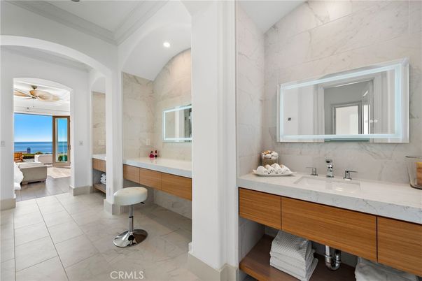 Bathroom, Dual Sink Vanities, Interior, Marble, Marble Walls, Recessed Lighting, Water