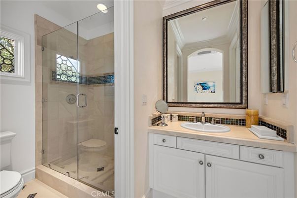 Bathroom, Glass Shower, Interior, Recessed Lighting, Tile Countertops