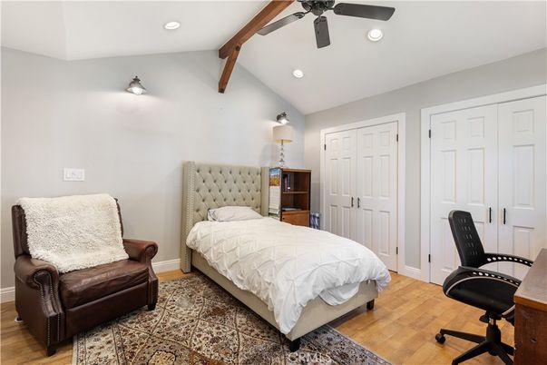 Bedroom, Home Office, Interior, Recessed Lighting, Wooden Beams, Wood Texture Flooring