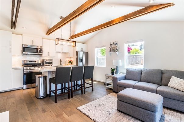 Interior, Kitchen, Living room, Pendant Lights, Recessed Lighting, Stainless Steel Appliances, Wooden Beams, Wood Texture Flooring