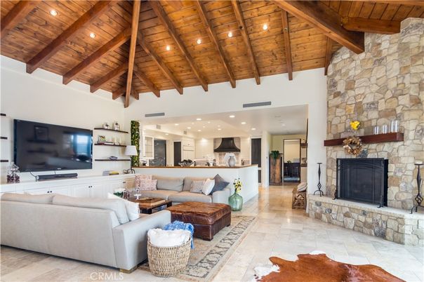 Fireplace, Interior, Kitchen, Living room, Recessed Lighting, Stone Walls, Wooden Beams, Wooden Ceilings