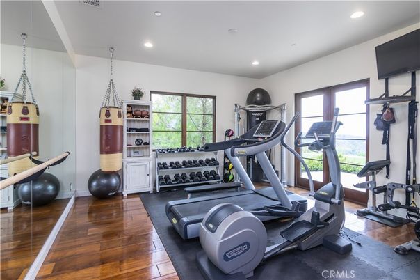 Fitness Equipment, Gym, Interior, Recessed Lighting, Wood Texture Flooring