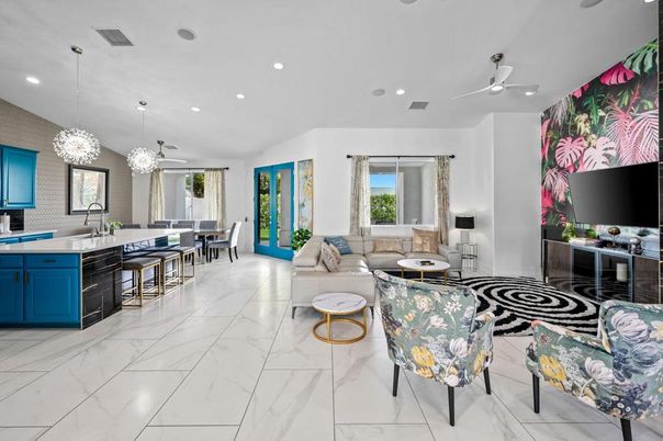 Dining room, Interior, Kitchen, Living room, Marble, Pendant Lights, Recessed Lighting