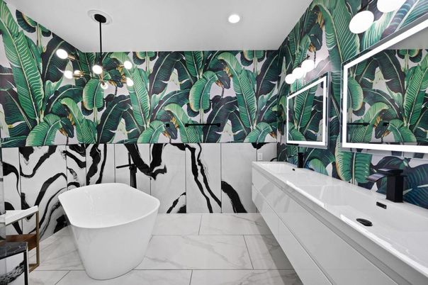 Bathroom, Dual Sink Vanities, Free Standing Baths, Interior, Marble, Pendant Lights, Recessed Lighting