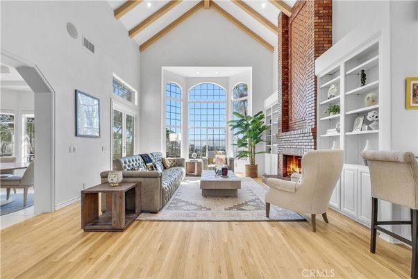 Fireplace, Interior, Living room, Recessed Lighting, Wooden Beams, Wood Texture Flooring