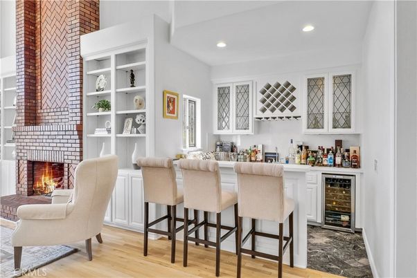 Fireplace, Interior, Recessed Lighting, Stone Walls, Wood Texture Flooring