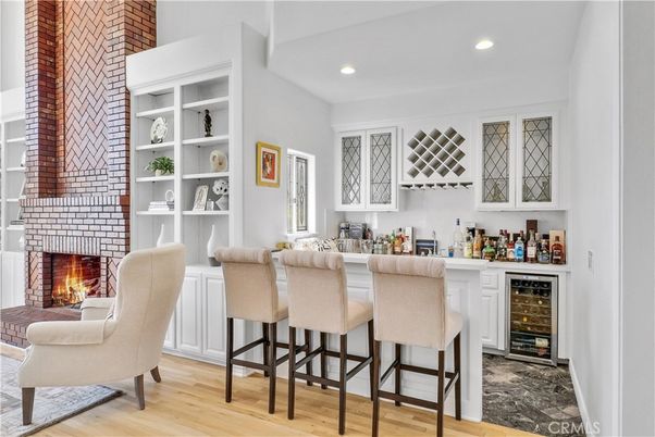 Fireplace, Interior, Recessed Lighting, Stone Walls, Wood Texture Flooring