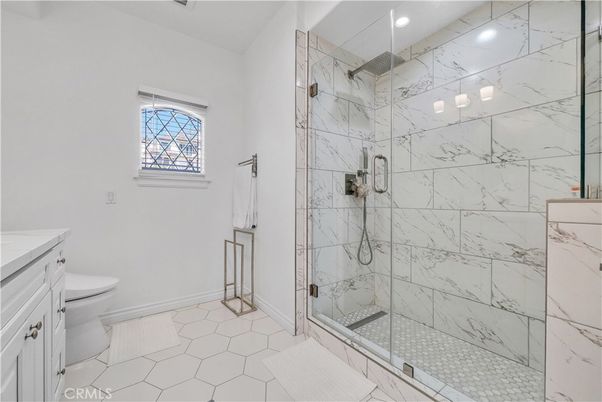 Bathroom, Glass Shower, Interior, Marble Walls, Recessed Lighting