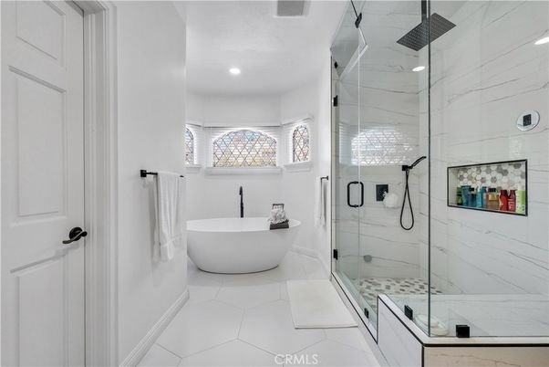 Bathroom, Free Standing Baths, Glass Shower, Interior, Marble Walls, Recessed Lighting