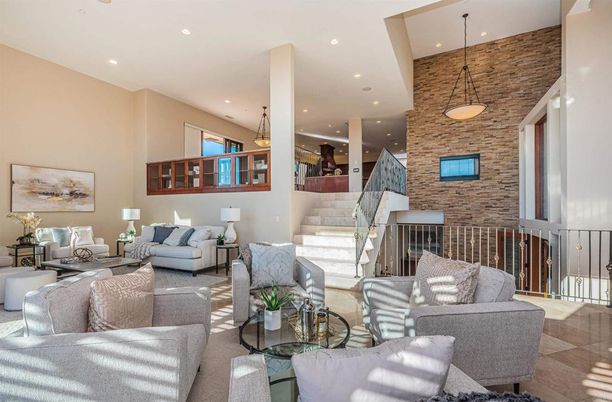 Interior, Living room, Pendant Lights, Recessed Lighting, Stone Walls