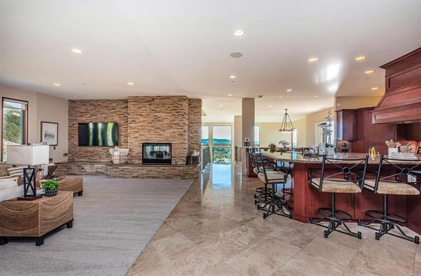 Fireplace, Interior, Kitchen, Pendant Lights, Recessed Lighting, Stone Walls