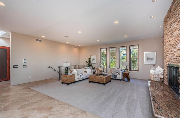 Fireplace, Interior, Living room, Recessed Lighting, Stone Walls