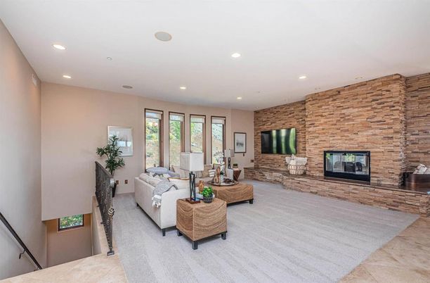 Fireplace, Interior, Living room, Recessed Lighting, Stone Walls