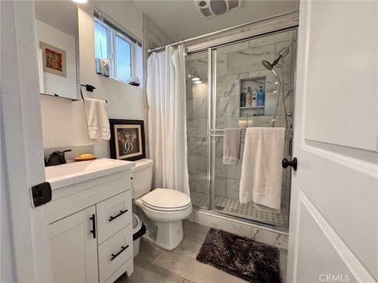 Bathroom, Glass Shower, Interior, Marble, Marble Walls, Wood Texture Flooring