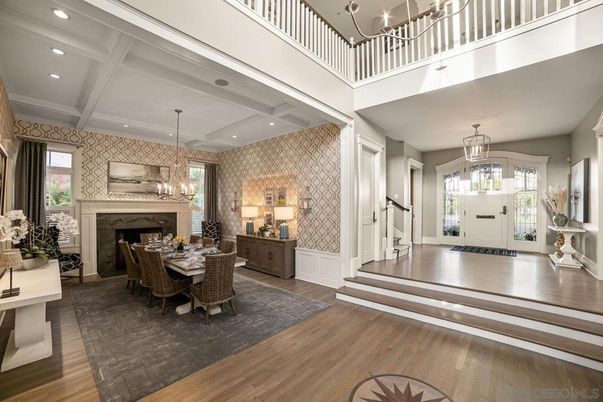 Chandelier, Dining room, Fireplace, Interior, Recessed Lighting, Wood Texture Flooring