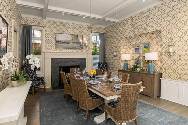 Dining room, Fireplace, Interior, Pendant Lights, Recessed Lighting, Wood Texture Flooring