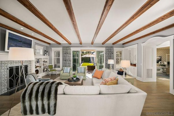 Fireplace, Interior, Living room, Recessed Lighting, Wooden Beams, Wood Texture Flooring