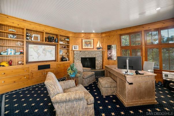 Fireplace, Home Office, Interior, Recessed Lighting, Wooden Walls
