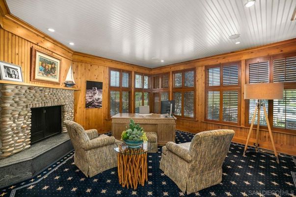 Fireplace, Home Office, Interior, Living room, Recessed Lighting, Wooden Walls