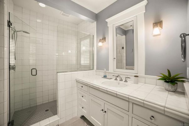 Bathroom, Glass Shower, Interior, Recessed Lighting, Tile Countertops
