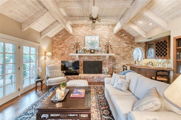 Fireplace, Interior, Living room, Recessed Lighting, Stone Walls, Wooden Beams, Wooden Ceilings, Wood Texture Flooring
