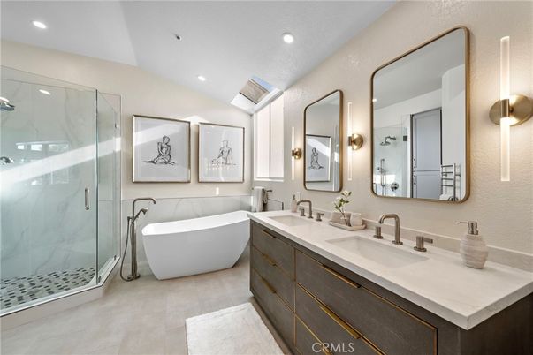 Bathroom, Dual Sink Vanities, Free Standing Baths, Glass Shower, Interior, Marble Walls, Recessed Lighting